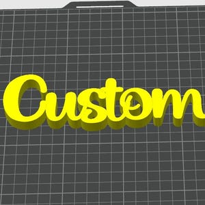 May include: A yellow, 3D-rendered word "Custom" in a cursive font, with a shadow effect, is displayed on a dark gray grid background. The text is the primary focus, with the word's design being the main element.