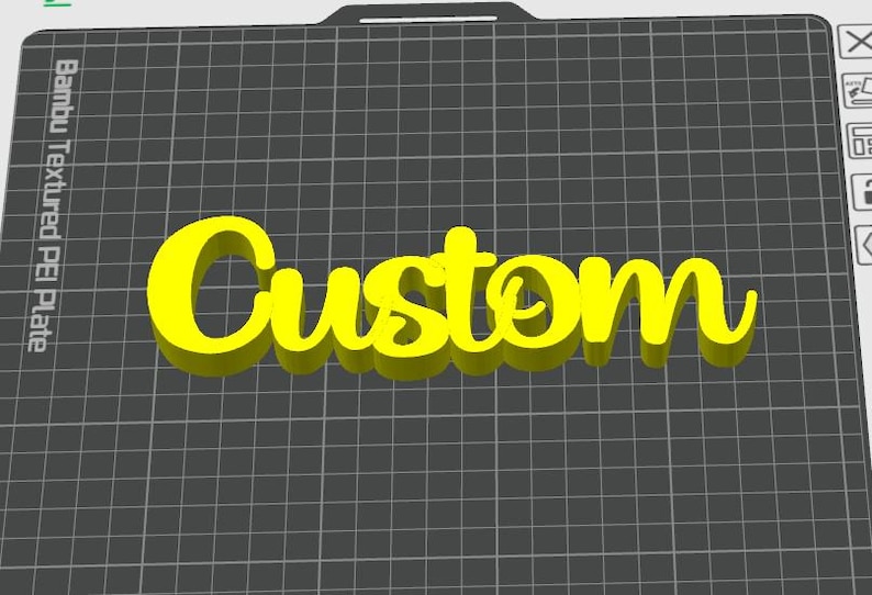 May include: A yellow, 3D-rendered word "Custom" in a cursive font, with a shadow effect, is displayed on a dark gray grid background. The text is the primary focus, with the word's design being the main element.