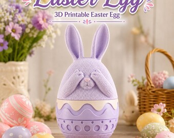 Puede incluir: Un huevo de Pascua imprimible en 3D de color lavanda con forma de conejo que se cubre los ojos con las patas. El huevo presenta una superficie texturizada, una nariz rosa y una base decorativa con borde festoneado y recortes circulares. Texto: Easter Egg.