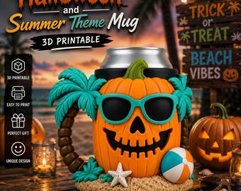 Puede incluir: Un soporte para taza imprimible en 3D con forma de calabaza naranja con gafas de sol azul turquesa, que incluye un asa de palmera, una estrella de mar blanca y una pelota de playa sobre una base arenosa. El texto dice Halloween and Summer Theme Mug 3D PRINTABLE.
