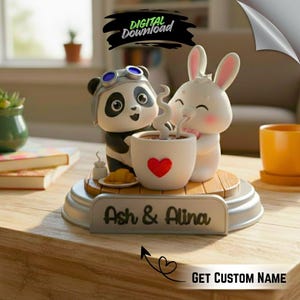 May include: A decorative figurine featuring a panda wearing goggles and a white bunny, sharing a coffee cup with a red heart. The base includes the names "Ash & Alina" and the text "GET CUSTOM NAME". The image also includes the text "DIGITAL DOWNLOAD".