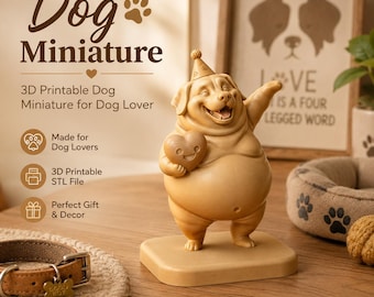 Puede incluir: Una figura de perro impresa en 3D de color marrón claro sobre una base cuadrada, que lleva un pequeño sombrero de fiesta y sostiene un corazón con una cara sonriente. El texto en la imagen dice Dog Miniature, 3D Printable Dog Miniature for Dog Lover, Made for Dog Lovers, 3D Printable STL File, Perfect Gift & Decor, Cute & Cheerful Design, Great for Home Decor, Print. Paint. Display. Love.