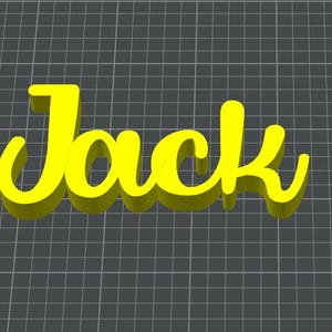 May include: A yellow 3D-printed sign that spells out the name "Jack" in a cursive font. The letters have a slight shadow effect, and the sign is set against a dark gray grid background.