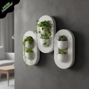 May include: Three white, oval wall planters with rounded pots, each containing green plants. The planters are mounted on a grey wall. The image has a modern, minimalist aesthetic, suitable for indoor decor. The plants are in metric measurements.