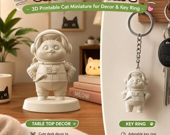 Miniatura de gato para decoración y llavero (archivo STL/imprimible en 3D) / Figura de gato astronauta (descarga digital)