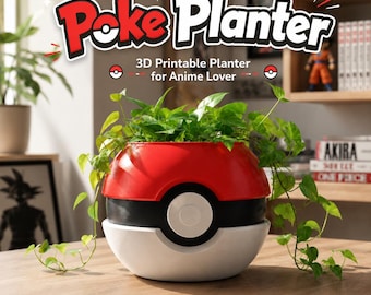 Puede incluir: Una maceta esférica de color rojo, negro y blanco que contiene una planta verde. El texto "Poke Planter" y "3D Printable Planter for Anime Lover" aparece sobre el objeto junto con pequeños iconos de bolas de colores.