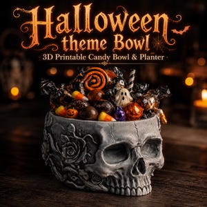 May include: A gray skull-shaped bowl featuring embossed rose and vine details, filled with assorted Halloween candies including a ghost figure. The text above reads Halloween theme Bowl 3D Printable Candy Bowl & Planter.