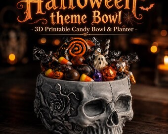 Puede incluir: Un cuenco gris con forma de calavera y detalles en relieve de rosas y enredaderas, lleno de dulces de Halloween variados y una figura de fantasma. El texto superior dice Halloween theme Bowl 3D Printable Candy Bowl & Planter.