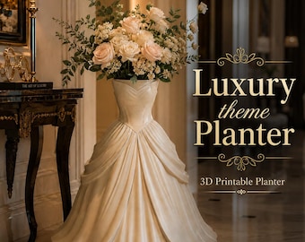Puede incluir: Una maceta de color crema con forma de vestido de gala, con un corpiño ajustado y una falda plisada amplia. La maceta contiene un gran ramo de rosas de color rosa pálido y blanco con follaje verde. El texto dice Luxury theme Planter 3D Printable Planter.
