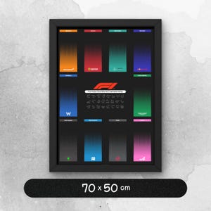 Puede incluir: Póster enmarcado del Campeonato Mundial de Fórmula 1. El marco negro rodea un fondo negro con rayas verticales de colores y logotipos de equipos. El póster incluye el texto "Formula One World Championship" y diseños de pistas. El póster mide 70 x 50 cm.