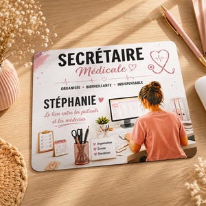 Peut inclure: Tapis de souris rectangulaire avec le texte "SECRÉTAIRE Médicale STÉPHANIE" en noir et rose. Le tapis de souris représente une femme travaillant sur un ordinateur, un stéthoscope et des fournitures de bureau. Le texte comprend également "Organisée, Bienveillante, Indispensable" et "Le lien entre les patients et les médecins."