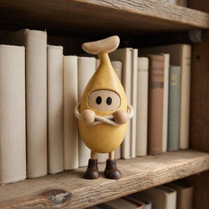 Figura de plátano de madera hecha a mano, con extremidades articuladas, ideal para guardar como recuerdo.