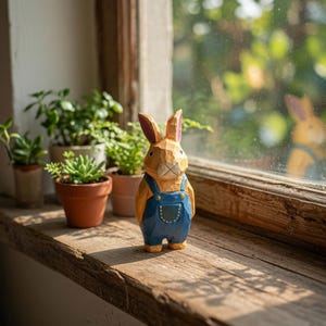 Hand-Carved Wooden Rabbit Figurine – Rustic Shelf Accent, Blue Apron Decor