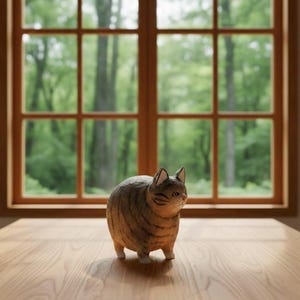 May include: A wooden cat figurine with a rounded body and striped pattern. The cat has small ears and is positioned on a wooden surface in front of a window with a view of trees.