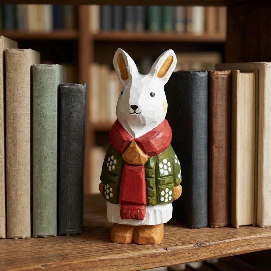 Hand-carved Wooden Rabbit Figurine – Rustic Shelf Accent, Blue Apron ...