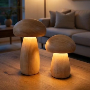 Handgjord svamplampa i trä, uppladdningsbar nattlampa vid sängen, massivt trä med touch-dimning