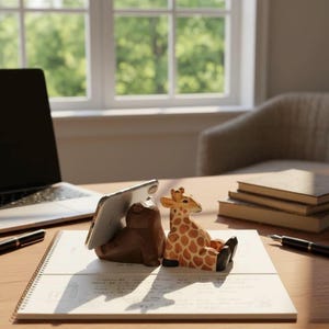 Bear Phone Stand, Wooden Animal Desk Decor with Mini Chair Design
