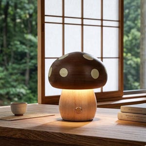 Pode incluir: Uma luminária de mesa em forma de cogumelo com uma tampa marrom com bolinhas brancas. A base é feita de madeira clara e a lâmpada emite um brilho quente. A lâmpada está em uma mesa de madeira.