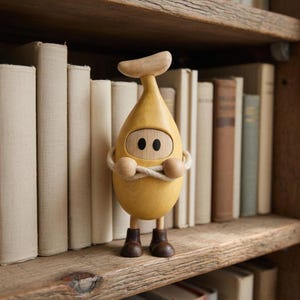 Figura de plátano de madera hecha a mano, con extremidades articuladas, ideal para guardar como recuerdo.