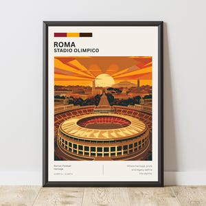 May include: A framed poster featuring a stylized illustration of the Stadio Olimpico in Rome, Italy. The artwork displays the stadium under a sunset sky with warm orange and yellow tones, accompanied by the text Roma Stadio Olimpico at the top.