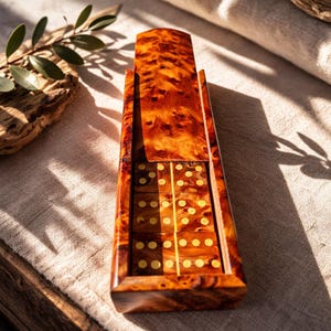 Puede incluir: Una caja rectangular de madera con un acabado pulido de madera nudosa que contiene un juego de dominó. La caja cuenta con una tapa deslizante parcialmente abierta, revelando las fichas de dominó en su interior, hechas del mismo tipo de madera.