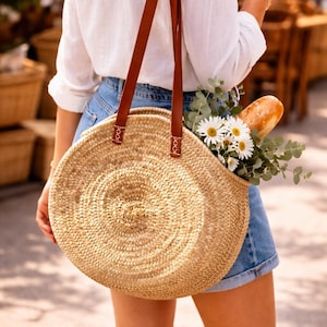 Handwoven Round Palm Bag | Leather Straps, Boho Beach Tote