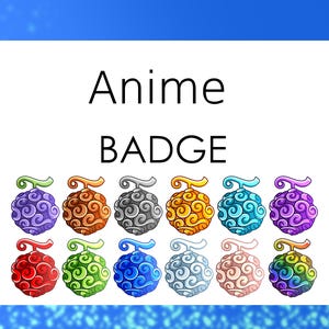 Peut inclure: Fond blanc avec l'inscription noire « Anime BADGE ». En dessous, douze illustrations de fruits colorés et stylisés. Chaque fruit présente une palette de couleurs unique, notamment rouge, vert, bleu et violet.