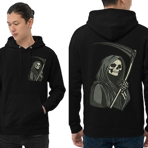 May include: Black hoodie featuring a Grim Reaper design. The front has a pocket with a smaller reaper graphic. The back displays a larger reaper graphic. The reaper is depicted with a skull, holding a scythe.