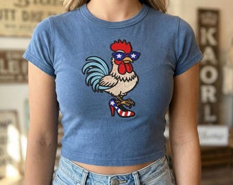 Divertente toppa con gallo americano, occhiali da sole e tacco alto / Ricamo orgoglio USA, 4 luglio