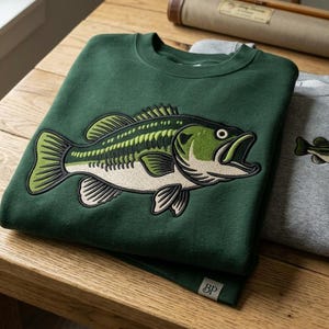 May include: A dark green crewneck sweatshirt featuring a large embroidered largemouth bass graphic and a smaller grey sweatshirt with a matching bass design. Both garments have a small rectangular tag with the letters BP at the bottom hem.