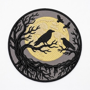 Circular Moonlit Ravens Embroidery Patch – Gothic Tree Crows Design - Helloween (Digital Download)