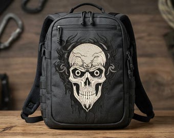 Disegno di ricamo gotico, file di ricamo a macchina con teschio scuro, motivo punk rock, download digitale per Halloween
