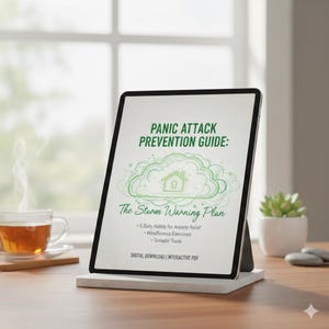 Puede incluir: Una tableta que muestra una "Guía de prevención de ataques de pánico" con una nube verde y un gráfico de casa. El texto incluye "The Storm Warning Plan" y "5 hábitos diarios para el alivio de la ansiedad". La tableta está sobre un soporte blanco.