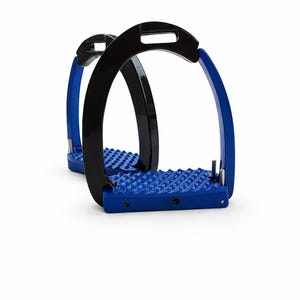 May include: Pair of black and blue equestrian stirrups. The stirrups have a black arch and a blue footbed with a textured surface. The stirrups are designed for use with English saddles and are made of durable materials.