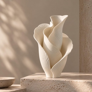 May include: A cream-colored ceramic vase with a sculptural design resembling layered, organic petals. The surface features fine, vertical ribbed textures that follow the curves of the overlapping forms, creating a fluid and dynamic appearance.