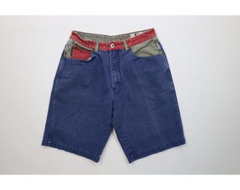Pantaloncini di jeans da uomo anni '90, taglia 30, in denim slavato color block, sopra il ginocchio, pantaloncini di jeans vintage color block, pantaloncini di jeans anni '90, pantaloncini anni '90