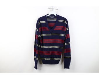 70s Streetwear Mens Medium Striped Color Block Knit V-Neck Sweater, Vintage Striped Knit Sweater, 1970s Color Block Dad Sweater, 70s Grandpa