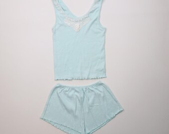 80s 90s Babydoll Womens Medium 2 Piece Lace Flower Ribbed Ruffled Sleep Set USA, Vintage Lace Pajamas Set, Vintage Flower Ribbed Pajamas