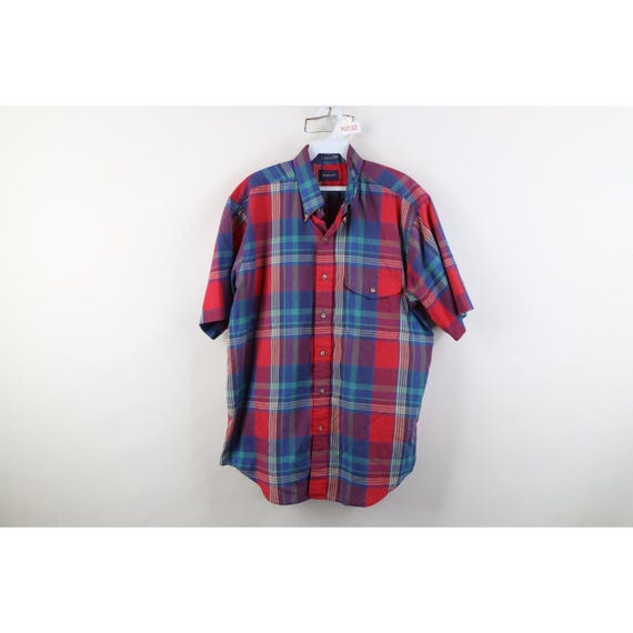 90s Streetwear Mens Large Faded Madras Plaid Collared Button Down Shirt, Vintage Madras Plaid Button Down Shirt, 1990s Madras Plaid Shirt