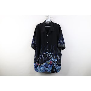 Jaren 90 Y2K Streetwear Heren XL Vlammen Motorfiets Loopkraag Knoopsluiting, Vintage Vlammen Knoopsluiting, Jaren 90 All-over Print Shirt