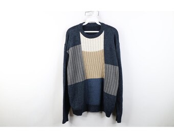 Suéter de punto acanalado con retazos y cuadros estilo streetwear de los 90 para hombre, suéter de punto acanalado vintage, suéter de punto a cuadros estilo "papá" de los 90.