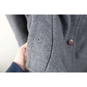 May include: Close-up of a gray wool coat. The coat has a single brown button and a small hole in the fabric. The sleeve is visible, and the coat appears to be well-worn.