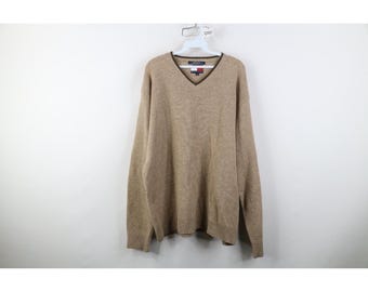 90s Tommy Hilfiger Mens XL Blank Lambswool Knit V-Neck Sweater Beige, Vintage Tommy Hilfiger Wool Sweater, 1990s Tommy Hilfiger Knit Sweater