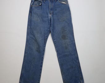 70s Streetwear Mens 32x32 Distressed Flared Wide Leg Denim Jeans Blue USA, Vintage Mens Flared Jeans, 1970s Denim Jeans, 1970s Mens Jeans