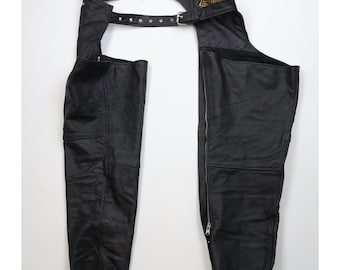 90-tals Streetwear Herr 5XL Beskurna Läder Motorcykel Chaps Svarta, Vintage Läder Moto Chaps, 1990-tals Läder Motorcykelbyxor, 90-tal