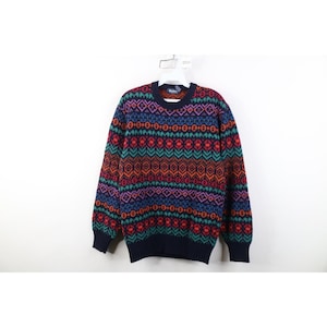 90s Streetwear Womens Medium Wool Blend Rainbow Fair Isle Knit Sweater, Vintage Rainbow Knit Sweater, 1990s Wool Knit Sweater, Fair Isle 90s