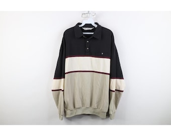 90s Streetwear Mens XL Striped Color Block Pullover Long Sleeve Polo Shirt, Vintage Long Sleeve Polo Shirt, 1990s Striped Long Sleeve Polo