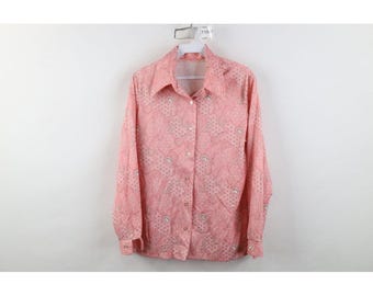 Camicia da donna anni '70 con colletto a pugnale e bottoni, taglia L, rosa, fantasia paisley, maniche lunghe, camicia vintage con paisley e bottoni, camicia in maglia con colletto a pugnale anni '70