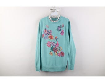 Jaren 90 Streetwear Dames Large Natuur Herfstblad Gelaagde Sweatshirt Lichtblauw, Vintage Natuur Sweatshirt, Herfst Sweatshirt uit de jaren 90, Ronde hals met Bladmotief