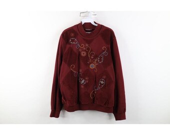 Felpa da donna anni '90 in velluto a coste con toppe e fiori a rombi, con perline, taglia XL. Felpa vintage floreale, felpa con perline anni '90, pullover a rombi.